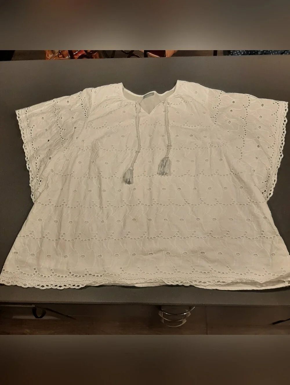 Catherines White Eyelet Embroidered Cotton Tunic Top 3X Boho Tassel
